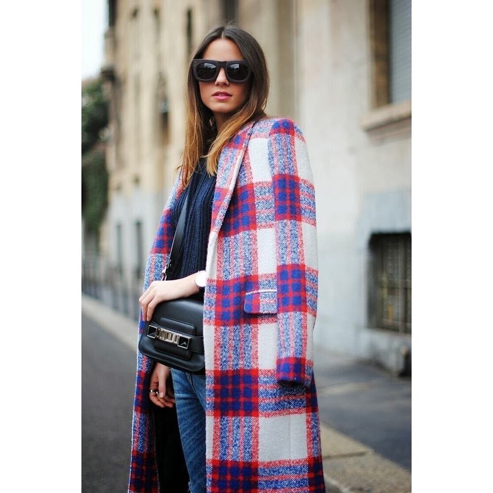 Zara Tartan Plaid Textured Coat Red Blue size RARE Bloggers favorite wool